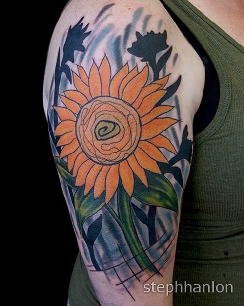 New school style colored shoulder tattoo of big flower with leaves