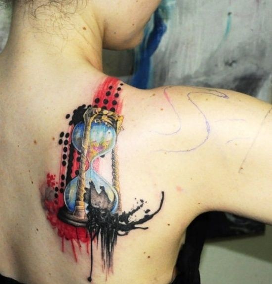 New school style colored shoulder tattoo of sand clock and ornaments