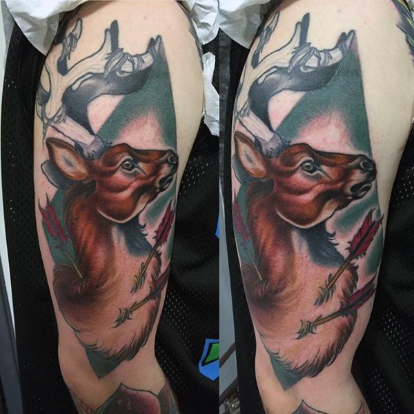New school style colored shoulder tattoo of deer with arrows