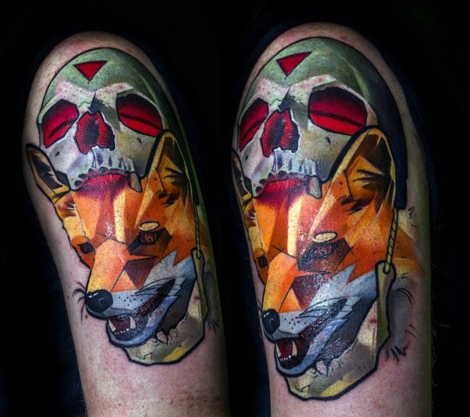 New school style colored shoulder tattoo of fox with human skull