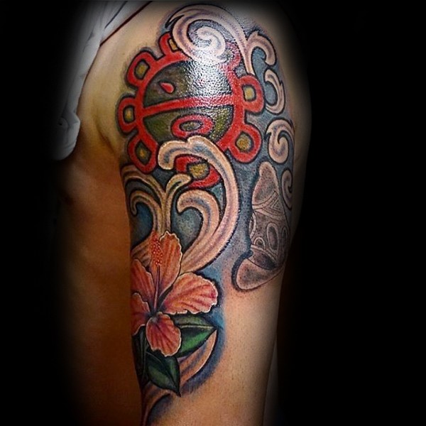 New school style colored shoulder tattoo of flowers with statue
