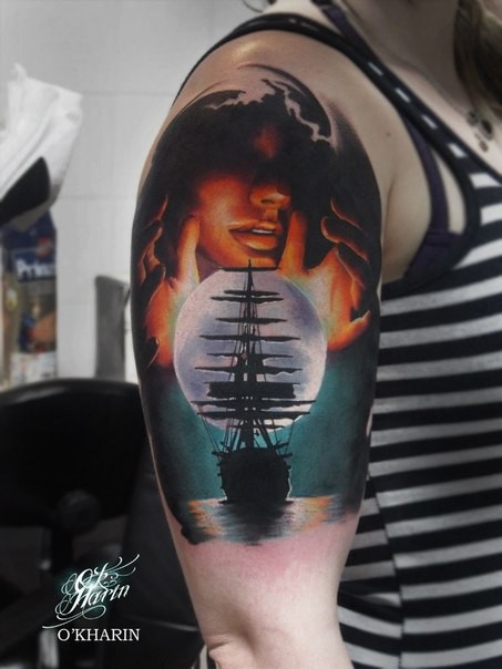 New school style colored shoulder tattoo of witch with magical orb and sailing ship