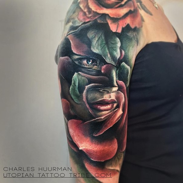 New school style colored shoulder tattoo of woman face with roses
