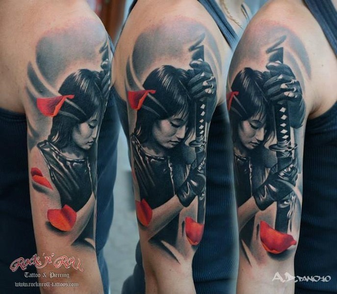 New school style colored shoulder tattoo of Asian woman warrior with sword