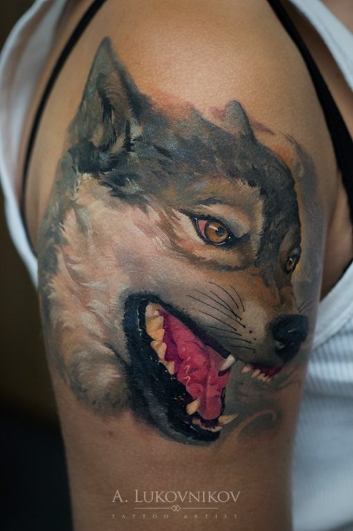 New school style colored shoulder tattoo of natural looking wolf