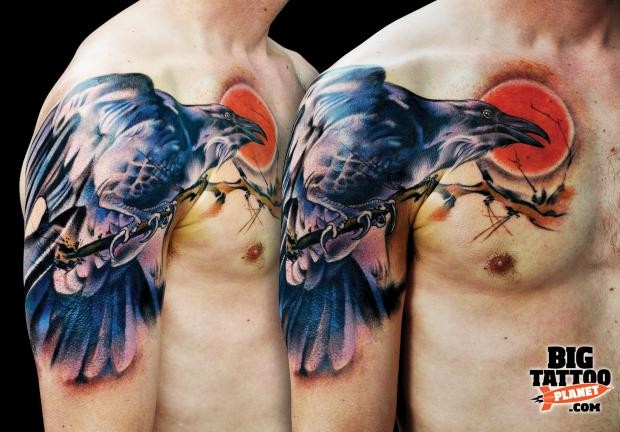 New school style colored shoulder tattoo of crow with sun
