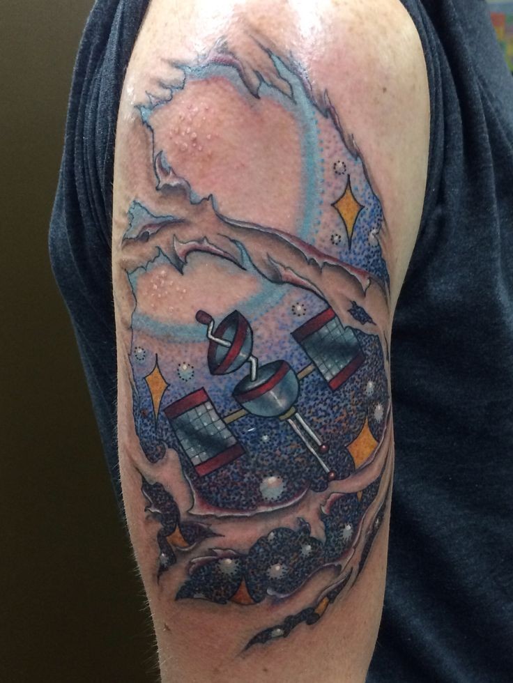 New school style colored shoulder tattoo of satellite in space
