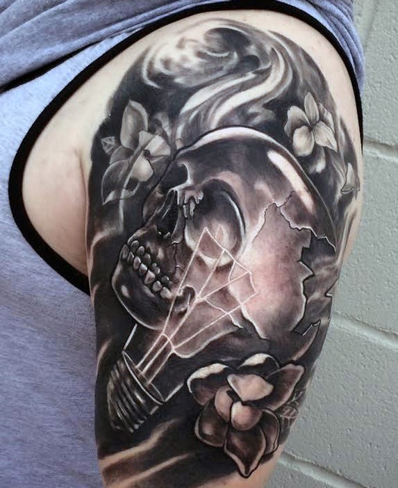 New school style colored shoulder tattoo of human skull, flowers and bulb