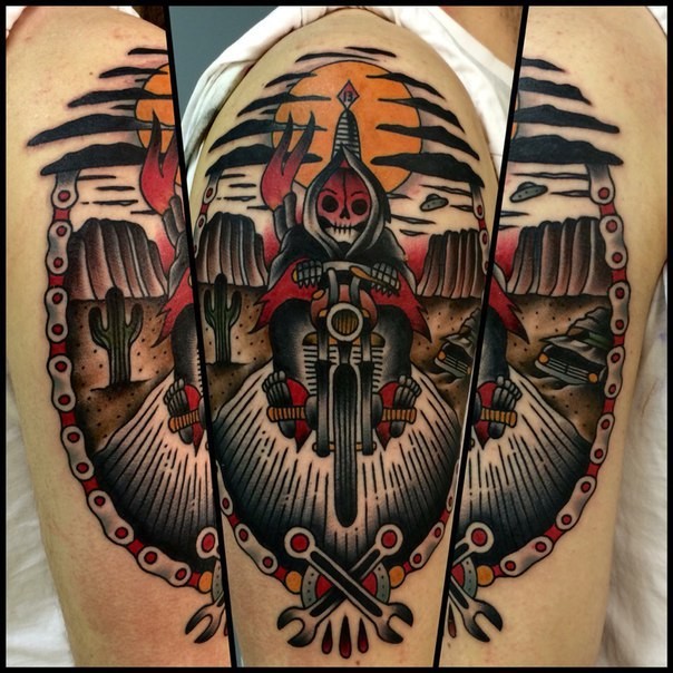 New school style colored shoulder tattoo of grim reaper on bike