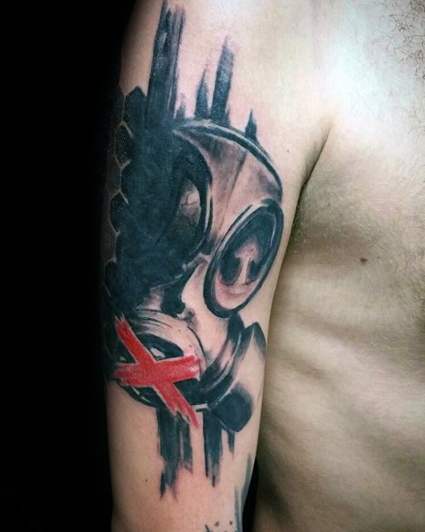 New school style colored shoulder tattoo of gas mask