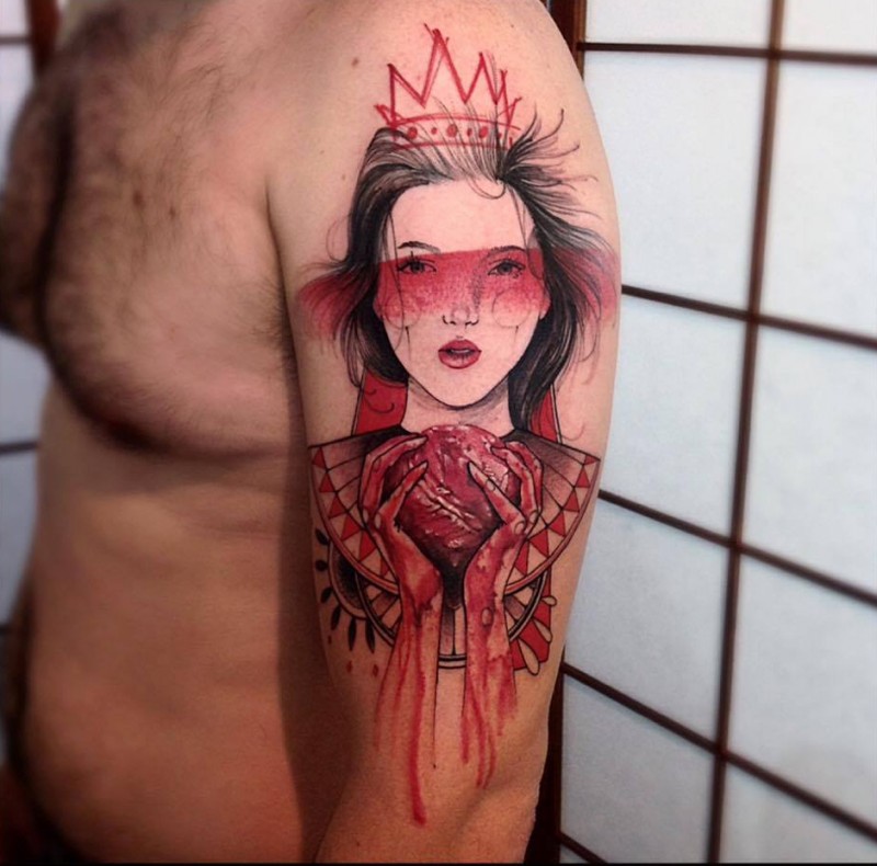 New school style colored shoulder tattoo of Japanese woman with bloody heart