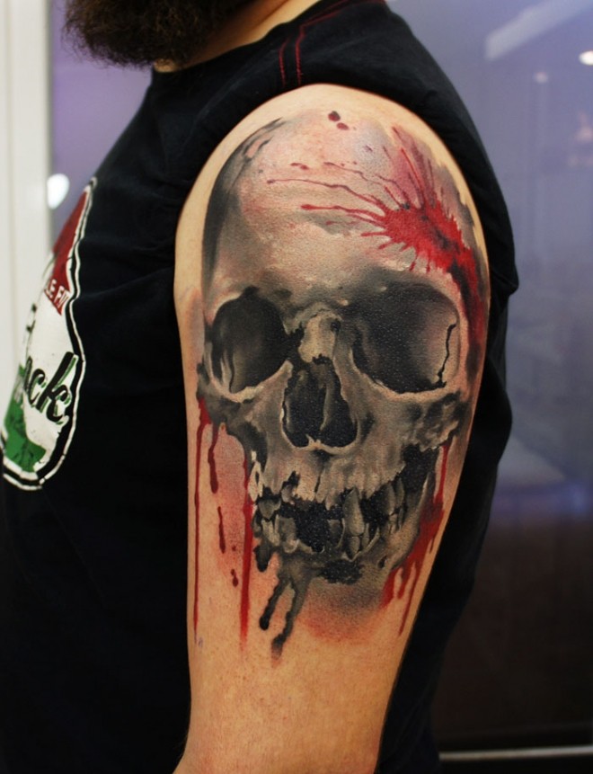New school style colored shoulder tattoo of human skull and blood