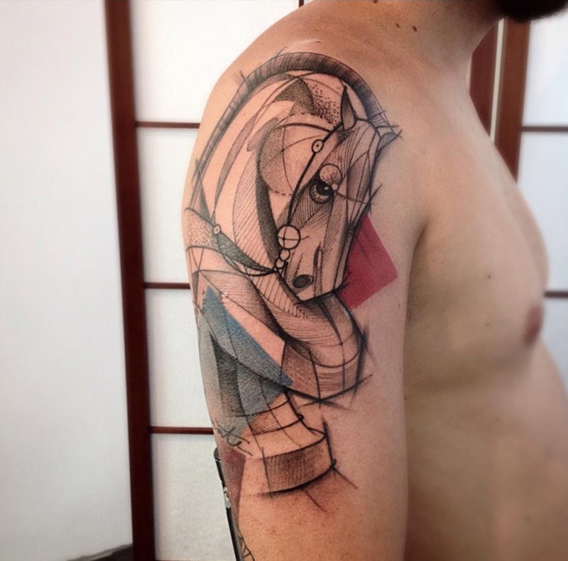 New school style colored shoulder tattoo of big horse
