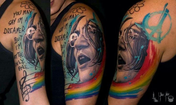 New school style colored shoulder tattoo of Lennon portrait with lettering