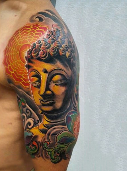 New school style colored shoulder tattoo of Buddha statue and sun