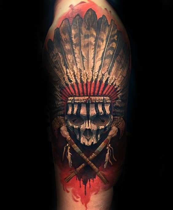 New school style colored shoulder tattoo of tribal skull with helmet and crossed bones