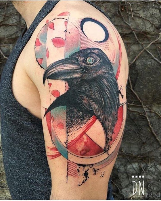 New school style colored shoulder tattoo of crow with ornaments