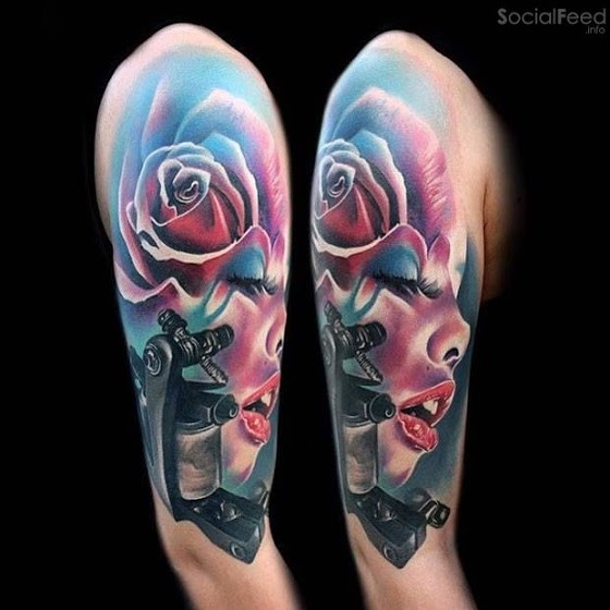 New school style colored shoulder tattoo of woman with rose