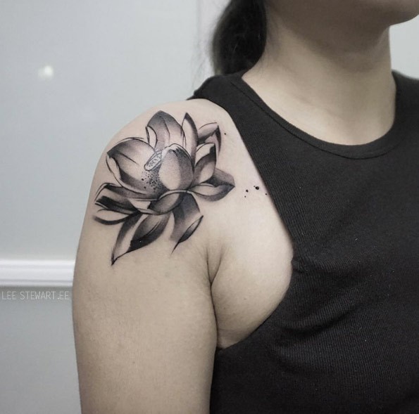 New school style colored shoulder tattoo of big flower