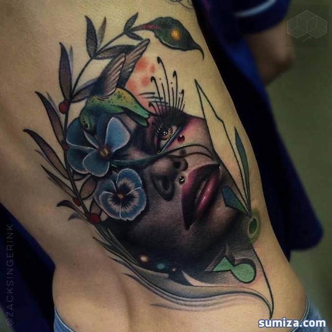 New school style colored side tattoo of woman face with plants