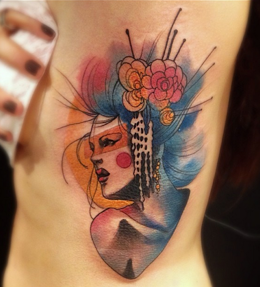 New school style colored side tattoo of woman with flowers