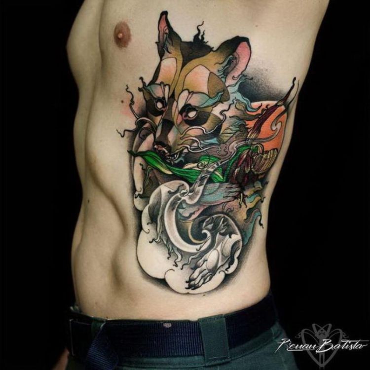New school style colored side tattoo of raccoon