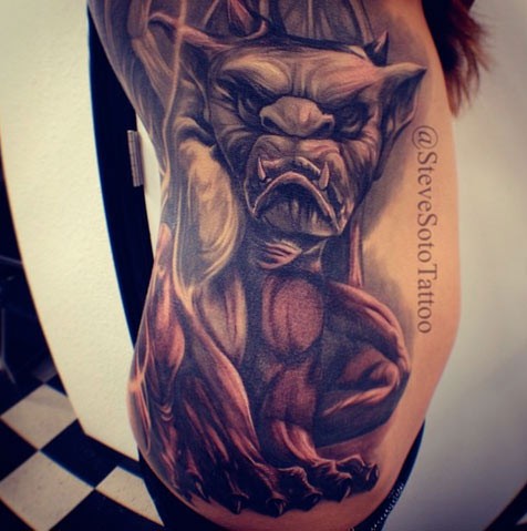 New school style colored side tattoo of creepy devil