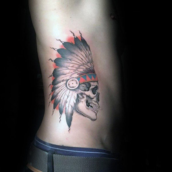New school style colored side tattoo of Indian skull