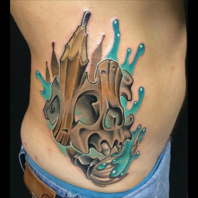 New school style colored side tattoo of human skull with waters and pencil