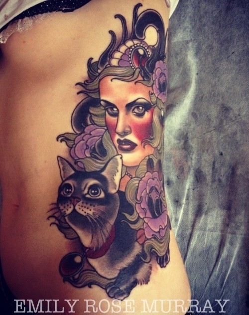 New school style colored side tattoo of woman with flowers and cat