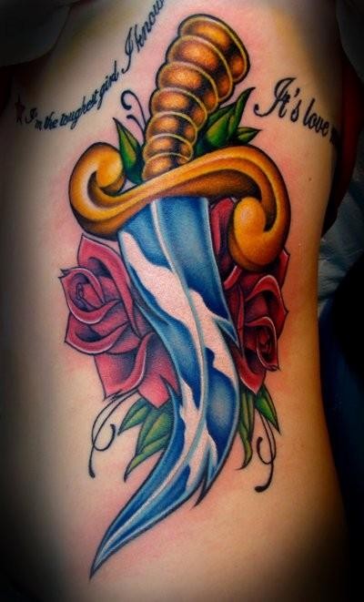 New school style colored side tattoo of fantasy dagger and rose