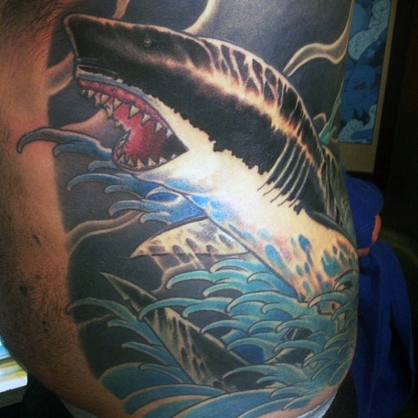 New school style colored side tattoo of shark in waves