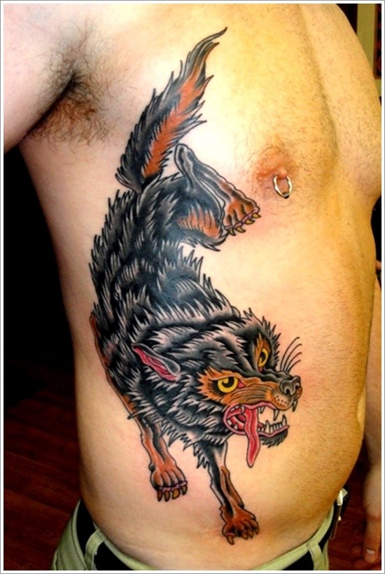 New school style colored side tattoo of wolf
