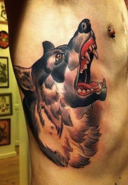 New school style colored side tattoo of cool wolf