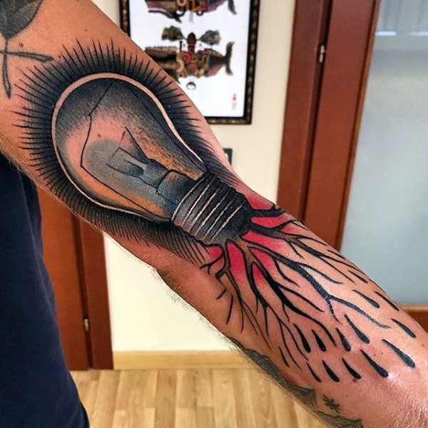 New school style colored sleeve tattoo of bulb with roots