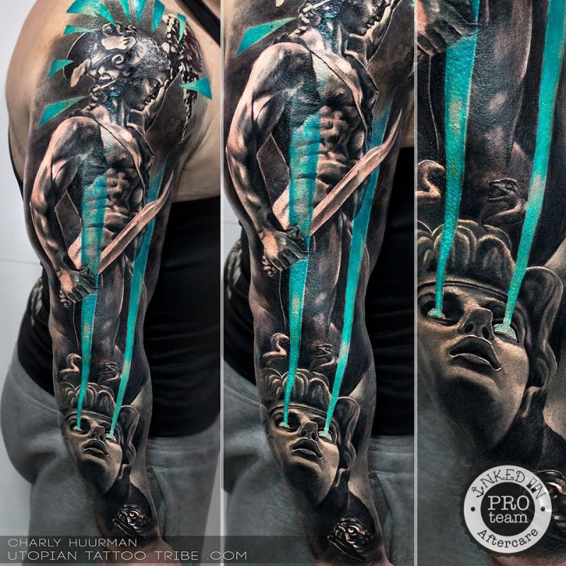 New school style colored sleeve tattoo of mystical warrior with woman