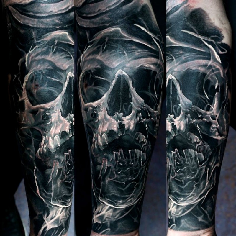 New school style colored sleeve tattoo of human skull with smoke