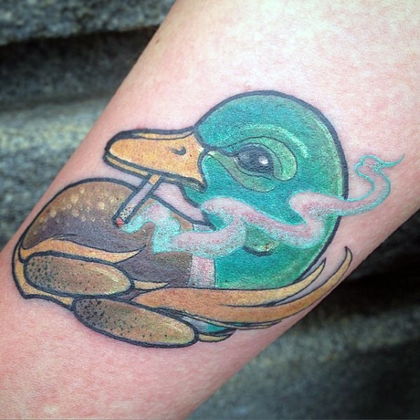 New school style colored smoking duck tattoo