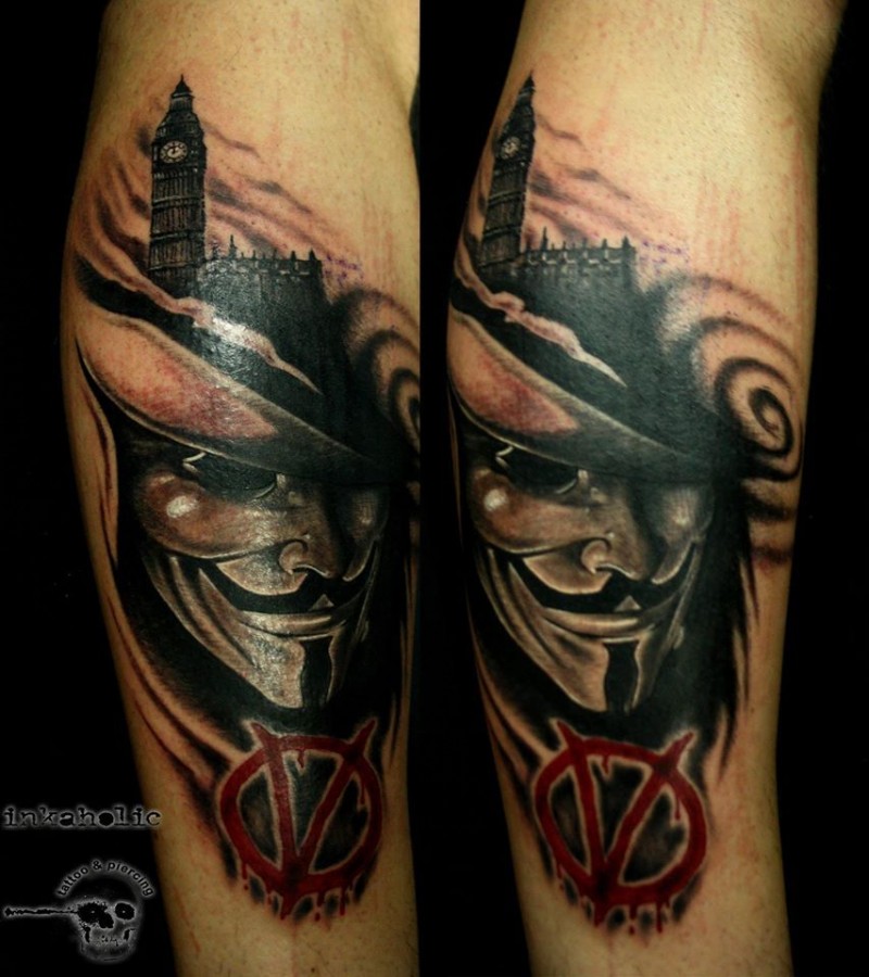 New school style colored tattoo of Big Ben with Anonymous mask
