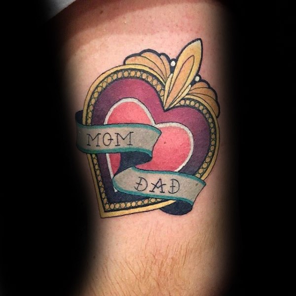 New school style colored tattoo of big heart with lettering