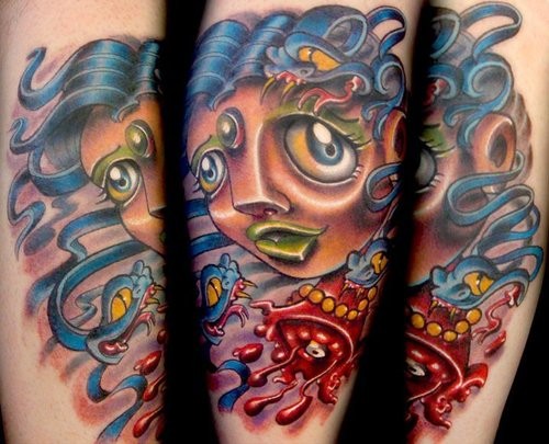 New school style colored tattoo of bloody woman with snake