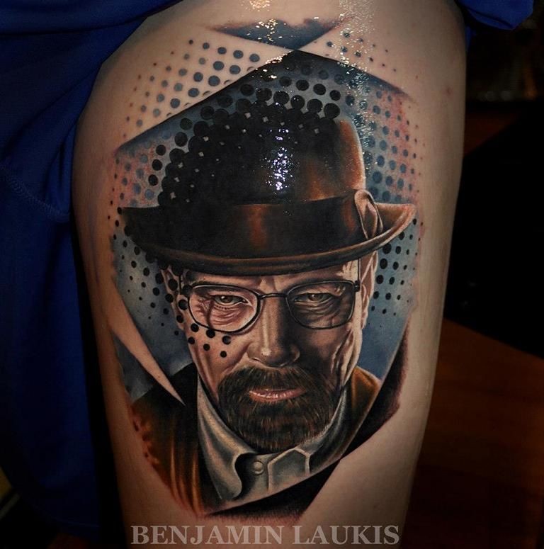New school style colored tattoo of Breaking Bad movie hero portrait