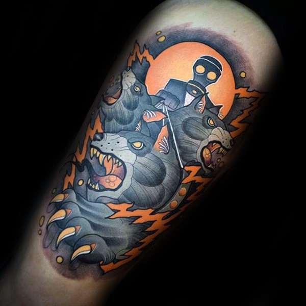 New school style colored tattoo of Cerberus with creepy man with gas mask
