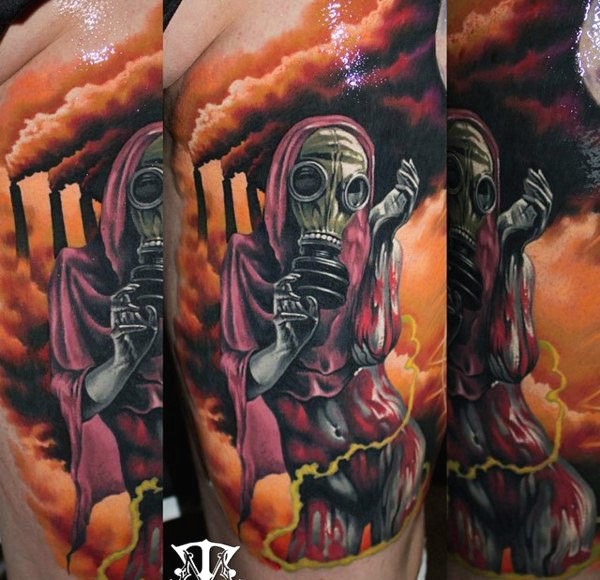 New school style colored tattoo of creepy woman with gas mask
