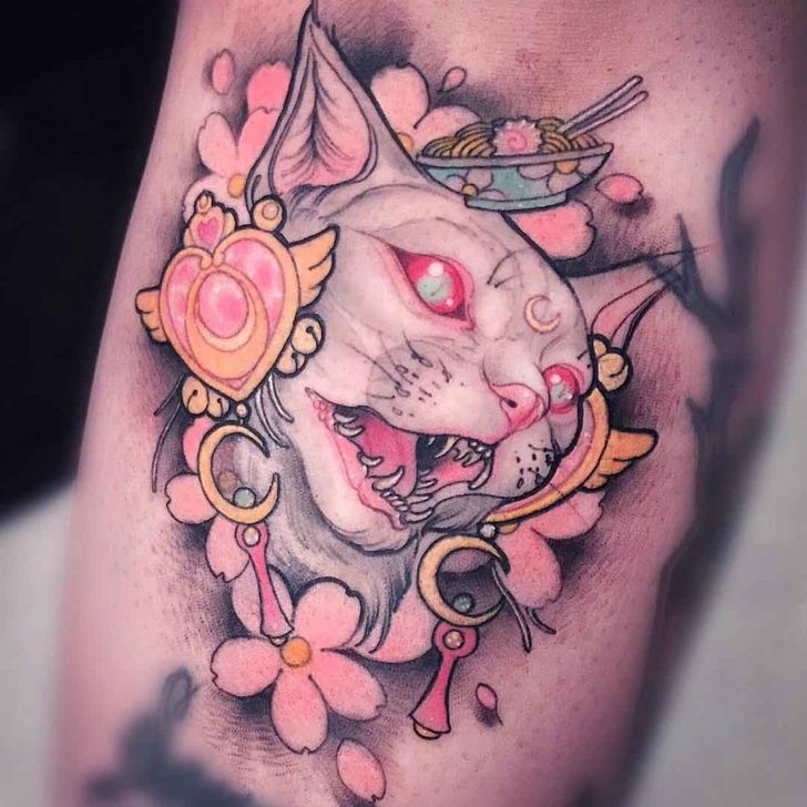 new school style colored tattoo of creepy cat with jewelry