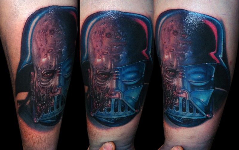 New school style colored tattoo of Darth Vader mask