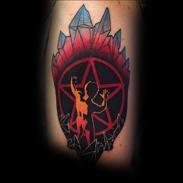 New school style colored tattoo of devils star and fallen human