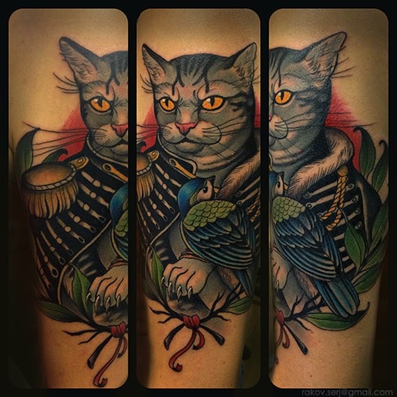 New school style colored tattoo of fantasy cat with soldiers suit and bird