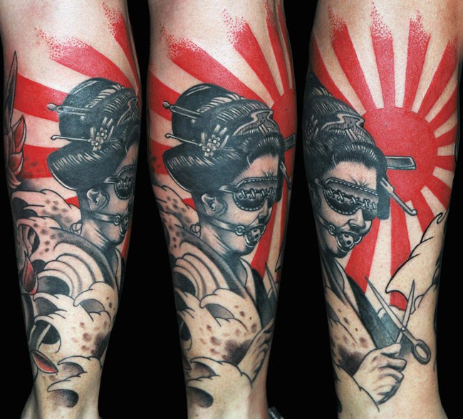 New school style colored tattoo of geisha with scissors