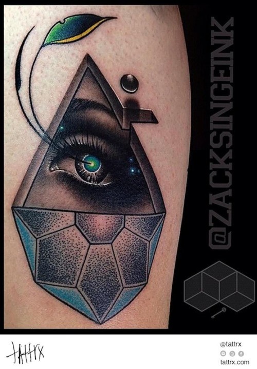 New school style colored tattoo of human eye and various figures